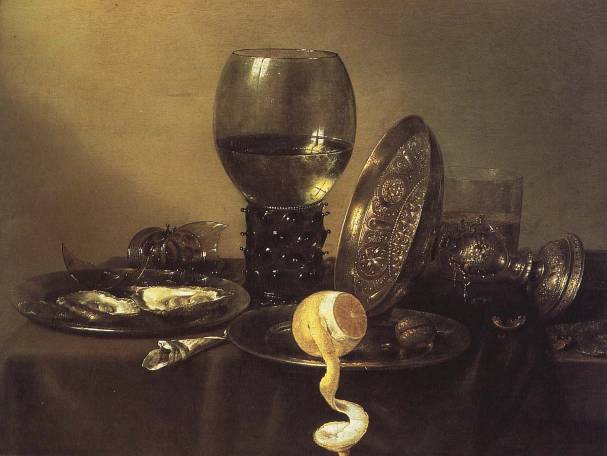 oyster, rum and wine still life of the silver cup